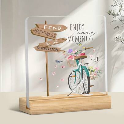 Acrylic Desktop Decorative Sign Plaque (With Base), Healing Cycling & Road Sign Elements + "Enjoy Every Moment" Inspirational Text, Conveys Poetic Living And Positive Attitude, Suitable For Home Spaces Like Study And Living Room, A Thoughtful Gift For Lovers Of Art And Aesthetics, Applicable For Birthdays, Holidays, Home Decor, Birthday Gift | Holiday Gift | Home Decor, Remove Protective Film Before Use