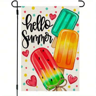 1pc[2D Flat] 12x18 Inch Summer Garden Flag - "Hello Summer" With Watermelon & Ice Cream Design, Double-Sided Polyester Yard Decoration For Outdoor Welcome Sign, Outdoor Decor | Playful Design | Durable Outdoor Fabric, Summer Decorations