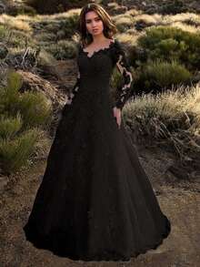 Long Sleeve Shoulder Bridal Wedding Dress Dress Long Dress - màu đen - Xem 1