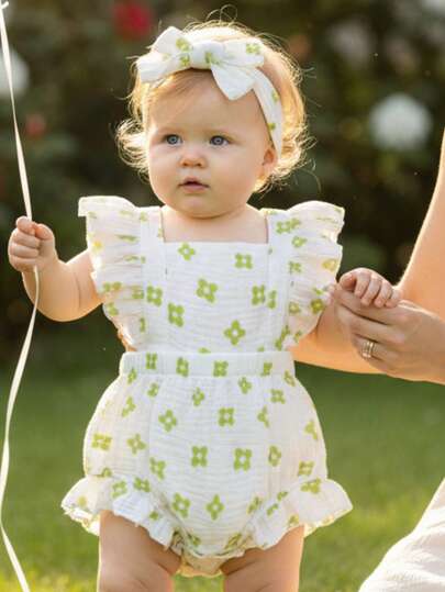 2pcs,Baby Girl Clothing,Soft,Comfortable,Casual,Elegant,Cute,Four-Leaf Clover Pattern Ruffled Cotton Jumpsuit And Headband Set,Baby Stuff,Newborn Girl Clothing,Suitable Summer For Everyday Wear, Vacations, Parties, Photo Shoots,And Outdoor Activities