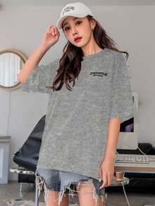 Women's Oversized Printed T-Shirt - Cheerful Paradise Phrase - Loose, Casual, Stylish, Modern, And Cool Blouse - 灰色 - 查看 6