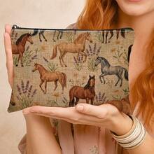 1pc Horse & Flower Print Makeup Bag, Modern Style Polyester Lightweight Travel Organizer - Multicolor - View 7