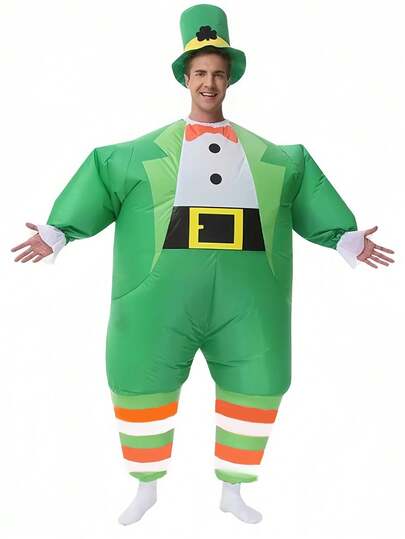 St. Patrick's Day Inflatable Irish Clover Suit, Green Inflatable Suit With Clover Print Pattern, Includes Green Hat, Fun Party Costume And Stage Performance Prop
