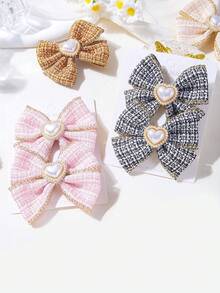 4pcs/2pcs New Heart Pearl Edged Plaid Fabric Bow Hair Accessories, Bow Duckbill Hair Clips, Fabric Bow Ponytail Clips, Fashionable Hair Decorations - Multicolor - View 7