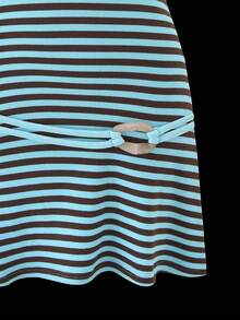 Women's Striped Belted Mini Dress, Ribbed Knit Spaghetti Strap Sleeveless A-Line Dress, A Short Dress Suitable For Going Out, Y2K Style Vacation, Commute, And Everyday Dress. - Màu xanh lam - Xem 6