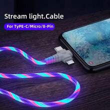 1pc Fast Charging 3-In-1 LED Flowing Light Data Cable Compatible With IPhone 17 Pro Max/17 Pro/17/Air/17/16/15/14/13/12/11, S25/S24/S23/S22/S21/S20 Ultra Plus, Series - Multicolor - View 3