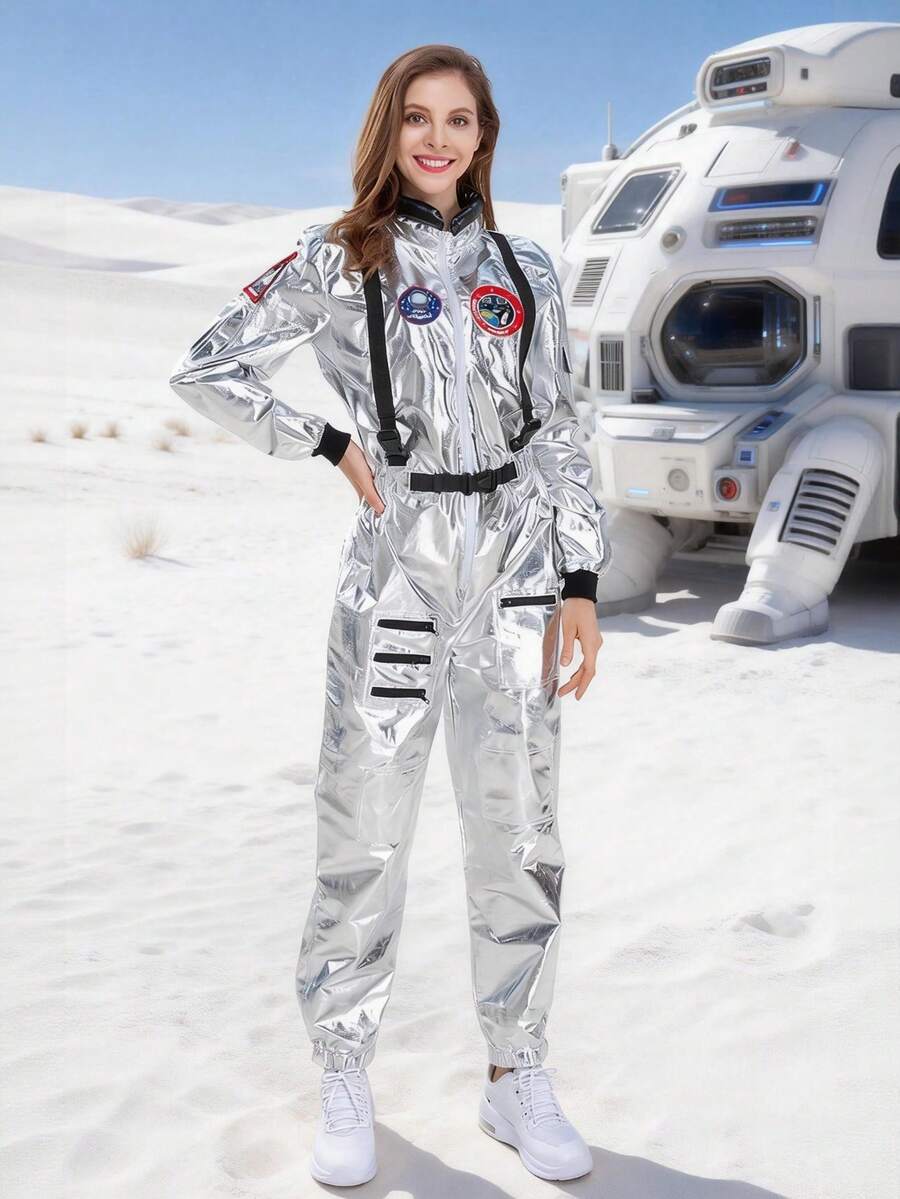 Women's Astronaut Costume, Adult Shiny Space Suit, Halloween Astronaut Costume - Silver - View 1