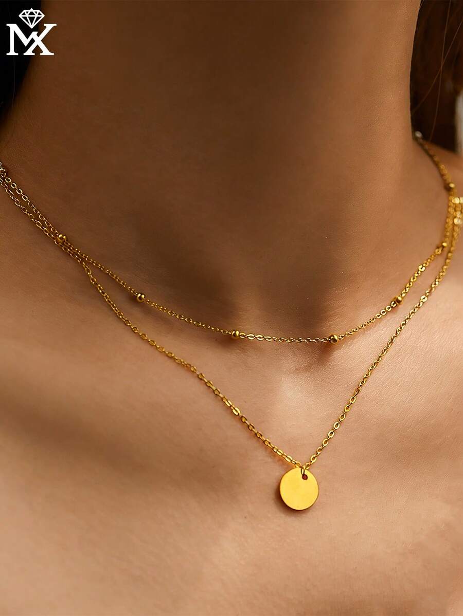 SYMFNY 1件925银优雅圆形吊坠双层项链，适合女士日常佩戴，时尚休闲日常佩戴首饰礼品 - 金黃色 - 查看 1