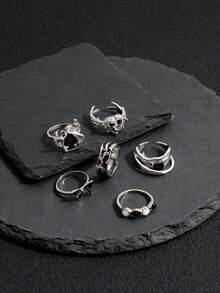 Bộ 6 chiếc nhẫn hình bướm, hình học, hình trái tim phong cách đường phố Y2K làm từ nhựa, đính đá, chất liệu giả kim cương. - Bạc - Xem 3