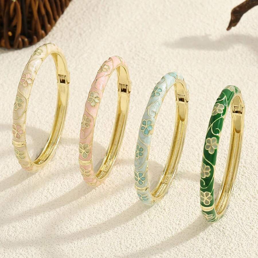 Flower Enamel Bracelet For Women Bohemian  Cloisonne Bracelet Gold Color Plated Bangle Vintage Luxury Jewelry Gifts - màu xanh lá - Xem 1
