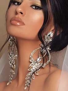 2pcs Geometric Earrings With Rhinestone Decor, Vintage Bridal Accessories - Silver - View 7