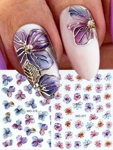 Purple Golden Flower Nail Stickers - 3D Embossed Purple Floral Nail Art - Golden Foil Dried Flower Leaf Spring Summer Nail Decals - Easy To Apply - Suitable For Nail Design - Multicolor - View 2