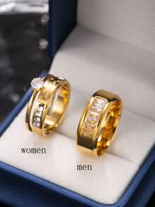 2pcs Fashionable & Elegant Stainless Steel Couple Rings, Featuring Textured Design For Men And Rhinestone Decor For Women, Suitable For Daily Wear, Holidays, Engagements, Weddings (Gift Box Included) - Gold - View 9
