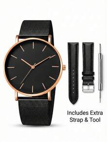 3pcs/Set Unisex Men Women Black & Gold White & Gold Metal Mesh Strap & Extra Leather Strap Fashion Business Casual Quartz Wristwatches With Extra Strap & Removal Tool Unisex Watches For Men/Women Wristwatches For Men Women Suitable For Daily Wear, Business Occasions, Casual Outings As Birthday Gifts, Valentine's Gifts, Christmas Gifts, Anniversary Gifts - one-size - View 5
