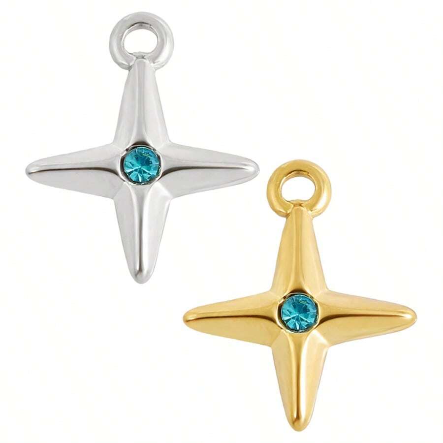 1pc/2pcs Fashionable Minimalist Luxury 304 Stainless Steel Vacuum Electroplated Long-Lasting Four-Prong Star Rhinestone Decor Pendant, Suitable For Bag Decoration, Handmade DIY Jewelry Making Necklace Bracelet Earring Accessories - S3163-z - View 1
