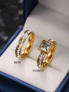 2 piezas Anillos de pareja elegantes y de moda de acero inoxidable, con diseño texturizado para hombres y decoración de rhinestones para mujeres, adecuados para uso diario, festivales, citas, compromisos, bodas, incluye caja de regalo - Oro 10 - Ver 16