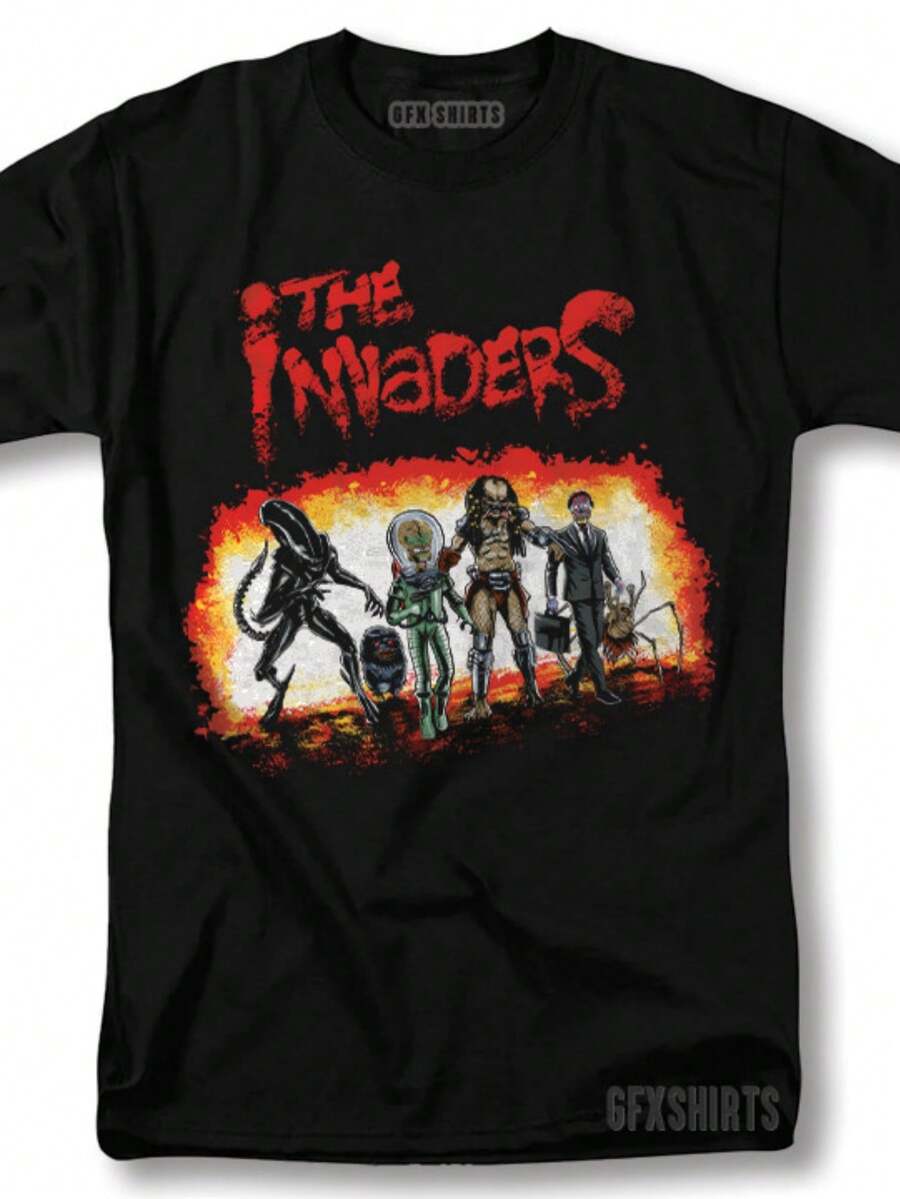 Alien The Warriors Mashup Shirt Alien Invasion Vntg Movie Graphic Design T-Shirt - màu đen - Xem 1