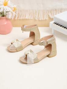 1 Pair Gold Plus Size Girls' Thick Sole Sandals, Shiny Leather Upper With Mesh, Bow Decor, Classic Strap Hoop And Loop Closure, Shiny Pendant Accent, Square Toe, Non-Slip Thick Bottom, Cute Beach Sandals Suitable For 3-15 Years Old Girls, Daily, Casual, Beach, Holiday, Party, Spring/Summer - Gold - View 3