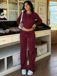 Setelan Wanita Warna Polos Kasual Minimalis Gaya Jalanan untuk Komuter, Atasan Lengan Panjang dan Celana Panjang Musim Semi - Burgundy - View 4