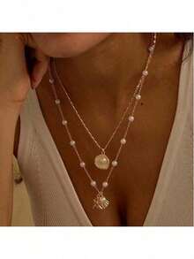 2pcs/Set Conjunto de Collares de Estrella de Mar y Concha con Acentos de Perlas - Joyería Boho Estilo Resort, Perfecto para Vacaciones y Atuendos de Verano, Collares Delicados en Capas para Mujeres, Accesorios de Playa - Kaneko - Ver 6