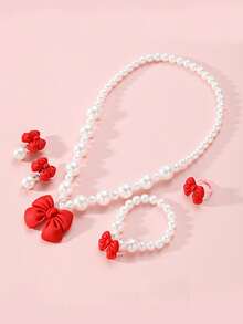 5pcs/Set Girls Cute Bow Pearl Jewelry Set, Includes Necklace, Bracelet, Earrings And Ring, Suitable For Girls Daily Wear And Party Birthday Gift - Multicolor - View 3