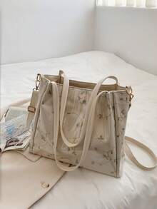 1pc Women's Large Capacity One Shoulder Tote Bag, Fresh & Fashionable Solid Color PU Printed Design, Versatile City Daily Commute Chic High-Quality Handbag - White - View 9