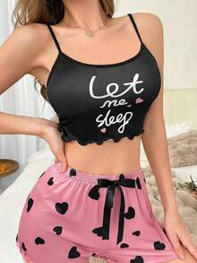Women's Comfortable Pink Heart Print Pajama Top - Black - View 4