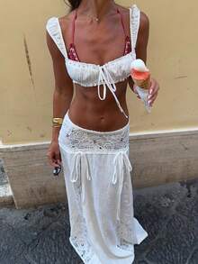 Women Flowy Maxi Skirt 2 Piece Floral Lace Skirt Set Sleeveless Bra Crop Top Ruffle Hem Low Rise Midi Long Skirt Bohemian Y2k Matching Set Sundress Boho Long Dress Beach Party Formal Dresses Wedding Gust Dress Vacation Outfits - 白色 - 查看 2