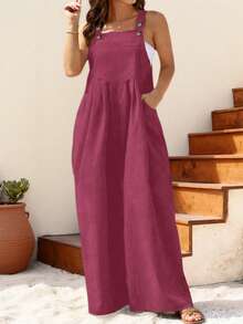 Plus Size Women's Pleated Wide Leg Casual Solid Color Jumpsuit With Pockets, Spring/Summer - Red Violet - View 2