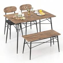 GOFLAME 4pcs Dining Table Set Rectangular Kitchen Table W/ Bench & 2 Upholstered Chairs - Coffee - View 1