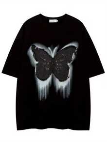 Black Butterfly Embroidery T-Shirt - White & Gray Short Sleeve Crew Neck Tee With Large Chest Butterfly Design, Loose Fit Casual Shirt For Summer & Year-Round Wear, Machine Washable ( Men's Fashion) - 黑色 - 查看 1