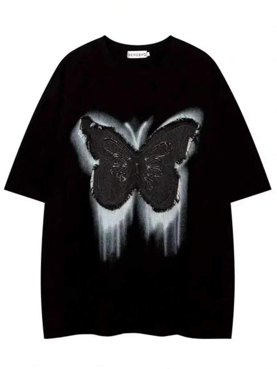 Black Butterfly Embroidery T-Shirt - White & Gray Short Sleeve Crew Neck Tee With Large Chest Butterfly Design, Loose Fit Casual Shirt For Summer & Year-Round Wear, Machine Washable ( Men's Fashion) - 黑色 - 查看 1