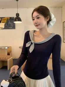 Slim Fit Bowknot Plaid Lace-Up Long Sleeve T-Shirt Undershirt - Navy Blue - View 5