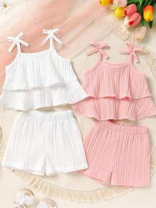 4pcs/Set Baby Girls' Soft & Comfortable Casual Elegant Outfit, Cute Versatile Knit Layered Ruffle Bow Strap Vest And Sports Shorts Set, Suitable For Infant/Toddler Girls, Ideal For Summer Daily Wear, Vacation, Party, Photo Shoot, Outdoor Activities - Multicolor - View 2