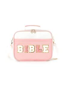 1pc Women'S Large Size Letter Embroidery Multifunctional Bible Bag Shoulder Bag Bible Handbag Bible Bag Bible Bag With Shoulder Strap Bible Bookmark Box Suitable For Girls Women Daily Storage Participating In Worship Activities Give To Children Parents Holiday Gift Does Not Include All The Pens And Notebooks Inside Please Note Whether The Product Size In The Picture Is Suitable For You - Pink - View 6