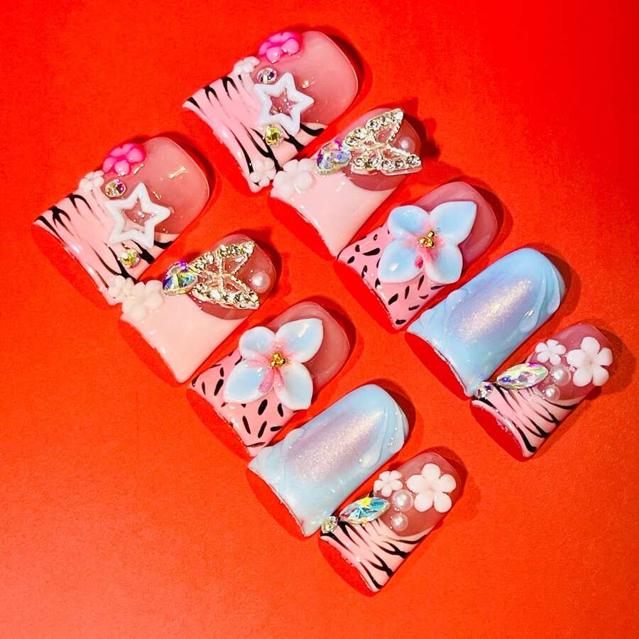 3D Blush Pink Zebra Print Pastel Flower Diamond Press-On Nails, Sweet Cool Pastel, Handmade Cute Stylish Nail Tips - Hồng - Xem 1