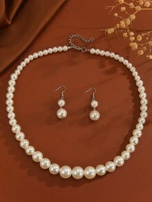 Exaggerated Multi-Layer Catkin Handmade Beaded Faux Pearl Necklace, Retro Casual Sweater Chain, Earrings - Red - View 5