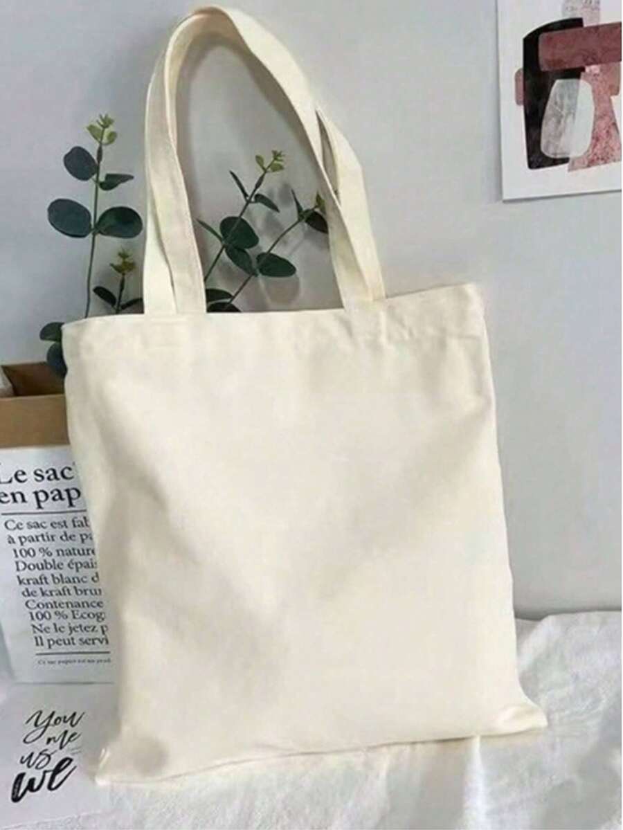 10件套女士简约帆布手提包，敞口帆布单肩包，手提包，简约书包，适合小学、中学、大学生，可作文件袋，旅行包 - 米色 - 查看 1