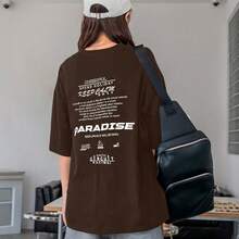 Women's Oversized Printed T-Shirt - Cheerful Paradise Phrase - Loose, Casual, Stylish, Modern, And Cool Blouse - 鏽棕色 - 查看 12