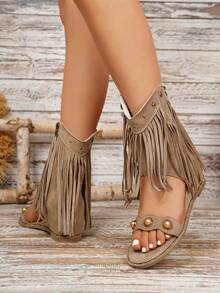 Women's Fashion Western Round Toe Mid-Calf Boots, Fringe Chunky Heel Cowboy Boots - Khaki - View 6