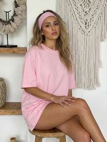 Women's Loose Fit Round Neck Short Sleeve Long T-Shirt, Casual Minimalist Elegant Sexy Street Y2K Style, Spring/Summer Pink - Pink - View 3