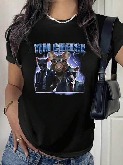 100% Cotton Cat In Suit With Tim Cheese Round Neck Short Sleeve T-Shirt Women's Men's Fashion Summer Tops Printing Graphic Tee