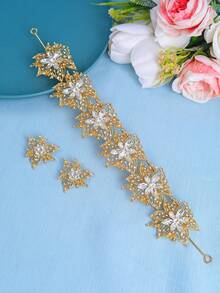 3件套优雅波西米亚风女士首饰套装，包括水钻头饰和耳环，适合新娘婚礼礼服佩戴