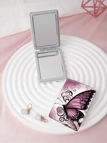 1 pièce Miroir de poche compact pliable de la série de dessins animés Y2K, léger, ultra-fin, miroir à main portable en PU, convenant à de multiples scénarios, avec des éléments classiques comme papillon, fleur, rose, cœur, lèvres, nœud, imprimé léopard, structure de pliage délicate, résistant aux rayures, fiable, facile à transporter - Multicolore - Voir 3