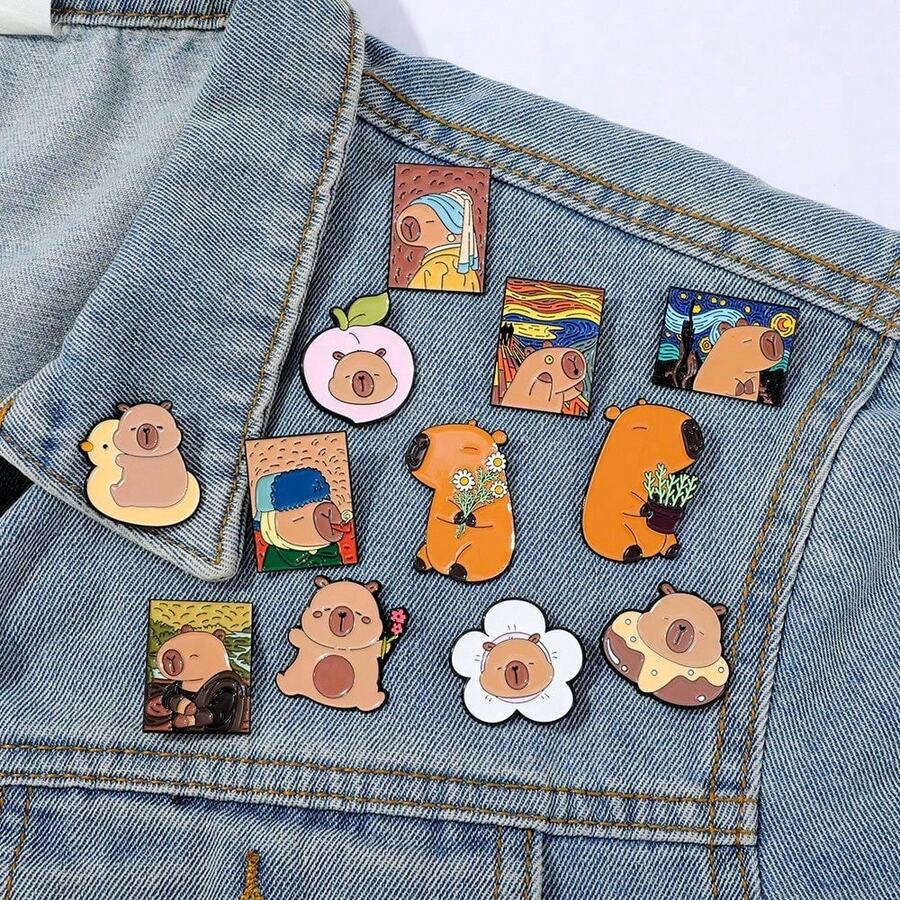 1/12 Pcs Fashion Cartoon Brooch Cute Hydrochoerus Hydrochaeris Enamel Pin Metal Badge Jewelry Clothing Backpack Accessories Gifts - One Size - View 1