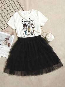 Girls Cartoon Print T-Shirt And Layered Mesh Skirt - White - View 1