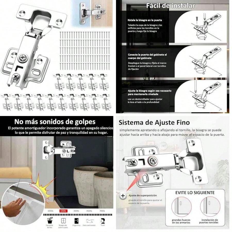Bisagras Cierre Lento para Gabinetes de Cocina Set de 16 Piezas Ajustables con 100 Tornillos, Cierre Suave y Silencioso para Muebles, Armarios y Alacenas - como se muestra en la figura - Ver 1