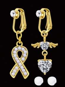 4pcs/Set Elegant Women Fake Belly Piercing Jewelry, 2pcs Gold-Plated Fake Belly Button Rings Clip On Belly And 2pcs Clear Silicone Pad, Multi Styles Heart Butterfly Eye Of Devil Belly Button Rings Non Piercing Jewelry For Women Girls - Valentine's Day Gift - Gold - View 12