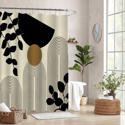 1pc/3pcs/4pcs Simple Posey Plant Curve Texture Shower Curtain Set, Toilet Seat Bath Mat Floor Mat Set, Leaf Abstract Curve Printed Shower Curtain, Very Suitable For Bathroom Decoration, Universal Room Decoration, Home Decoration Set, Bathroom Accessories Bath Curtain Toilet Side Floor Mat Shower Curtain Set