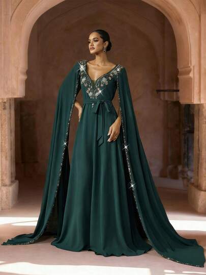 Elegant Luxury Deep Green V-Neck Chiffon Maxi Dress With Beaded Chiffon Shawl And Belt, Women's Formal Dress, Arabic Style Formal Gown, Dignified Formal Dress